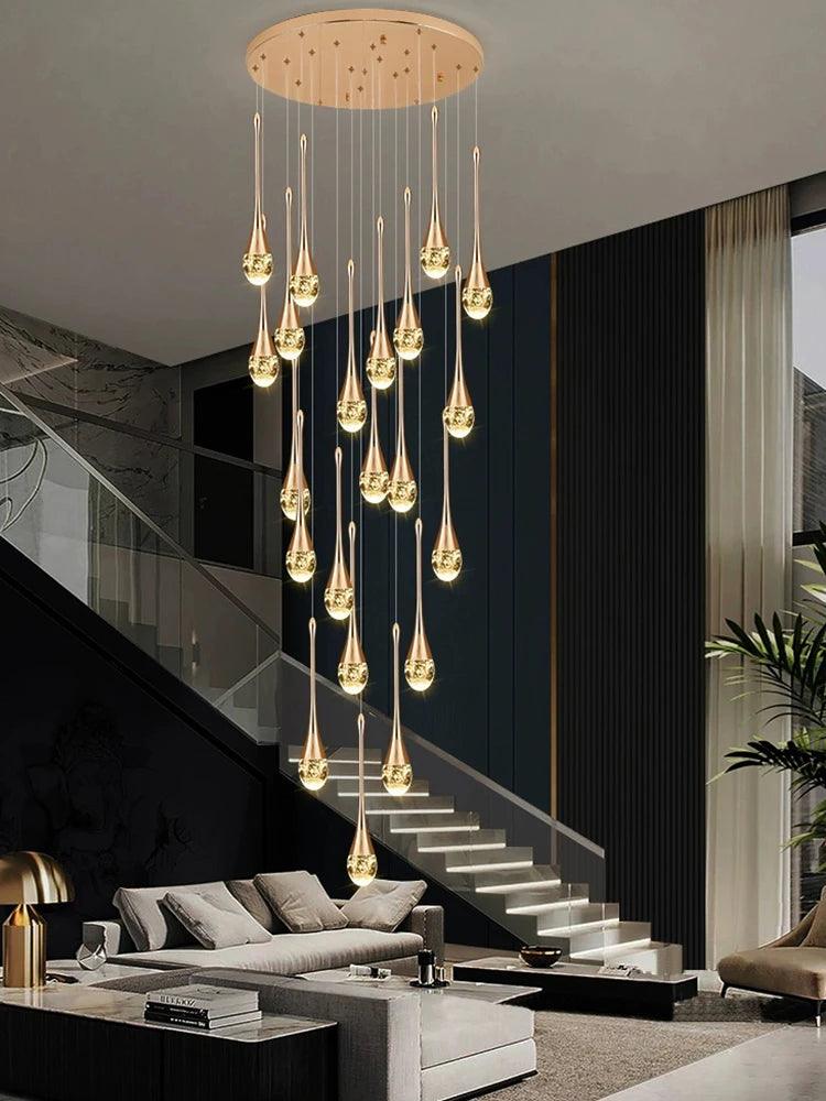 Modern Villa Chandelier Household Hanging Light Duplex Golden Loft Chandelier Minimalist Creative Crystal Staircase Pendent Lamp