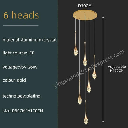 Modern Villa Chandelier Household Hanging Light Duplex Golden Loft Chandelier Minimalist Creative Crystal Staircase Pendent Lamp