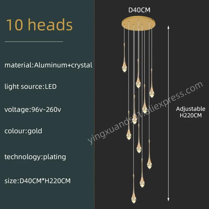 Modern Villa Chandelier Household Hanging Light Duplex Golden Loft Chandelier Minimalist Creative Crystal Staircase Pendent Lamp