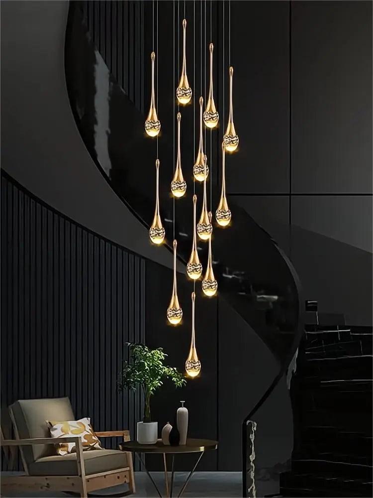 Modern Villa Chandelier Household Hanging Light Duplex Golden Loft Chandelier Minimalist Creative Crystal Staircase Pendent Lamp