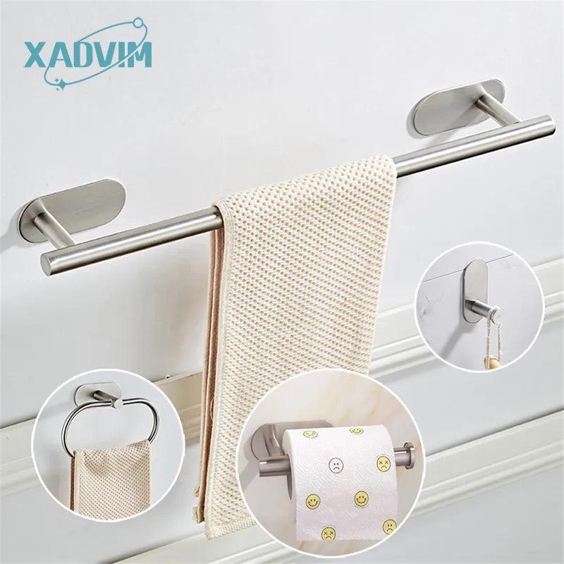 No Drilling Stainless Steel Self-adhesive Towel Bar Paper Holder Robe Hook Towel Ring Black Silver Gold Bathroom Accessories Set