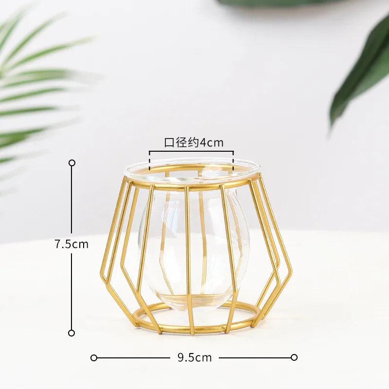 Nordic Creative Vase Home Decor Golden Glass Vase Hydroponic Plant Holder Iron Line Flowers Ornament Home Garden Decoration Hot