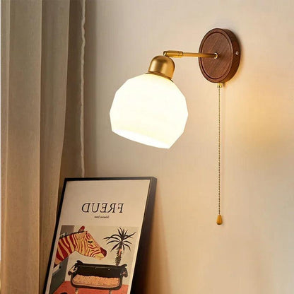 Nordic Glass Wall Lamp for Living Room Bedroom Bedside Aisle Wood Color Wall Light With Pull Switch Homestay Art Decorative E27