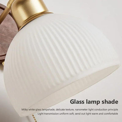 Nordic Glass Wall Lamp for Living Room Bedroom Bedside Aisle Wood Color Wall Light With Pull Switch Homestay Art Decorative E27