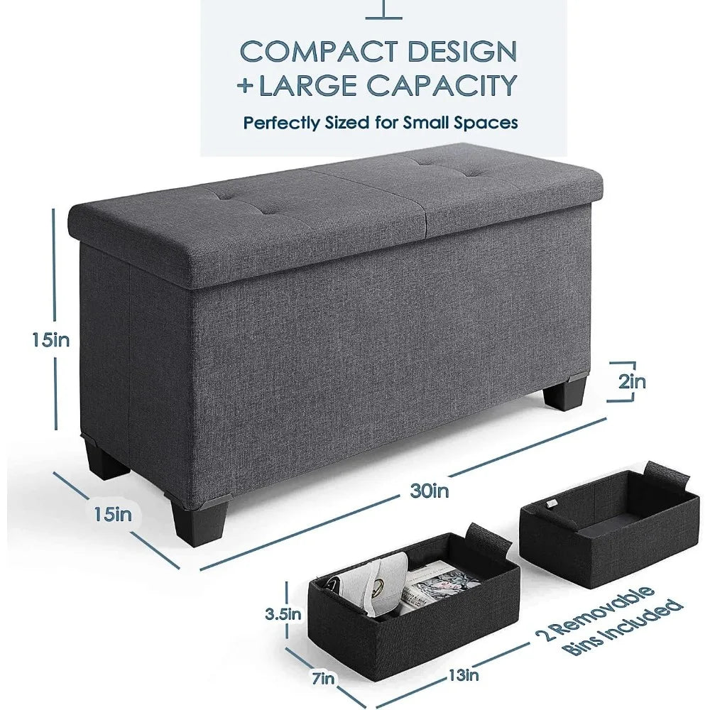 Ottoman Bench with Storage Bins, 30-In Storage Bench for Bedroom End of Bed, Folding Foot Rest Ottoman with Storage