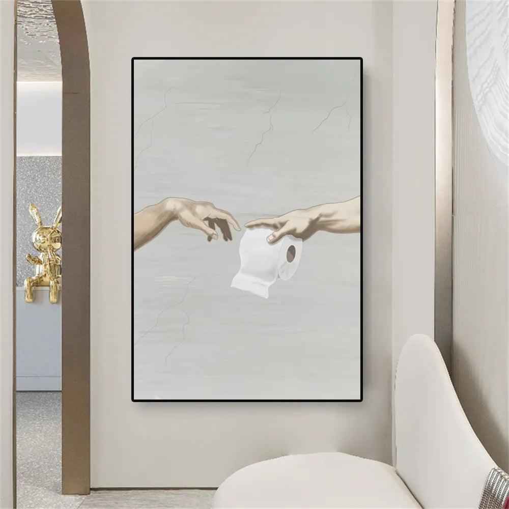 Precious Toilet Paper Funny Hand of God and Adam Mural Poster Prints Canvas Painting Wall Art Decor Wash Room Study Home Decor