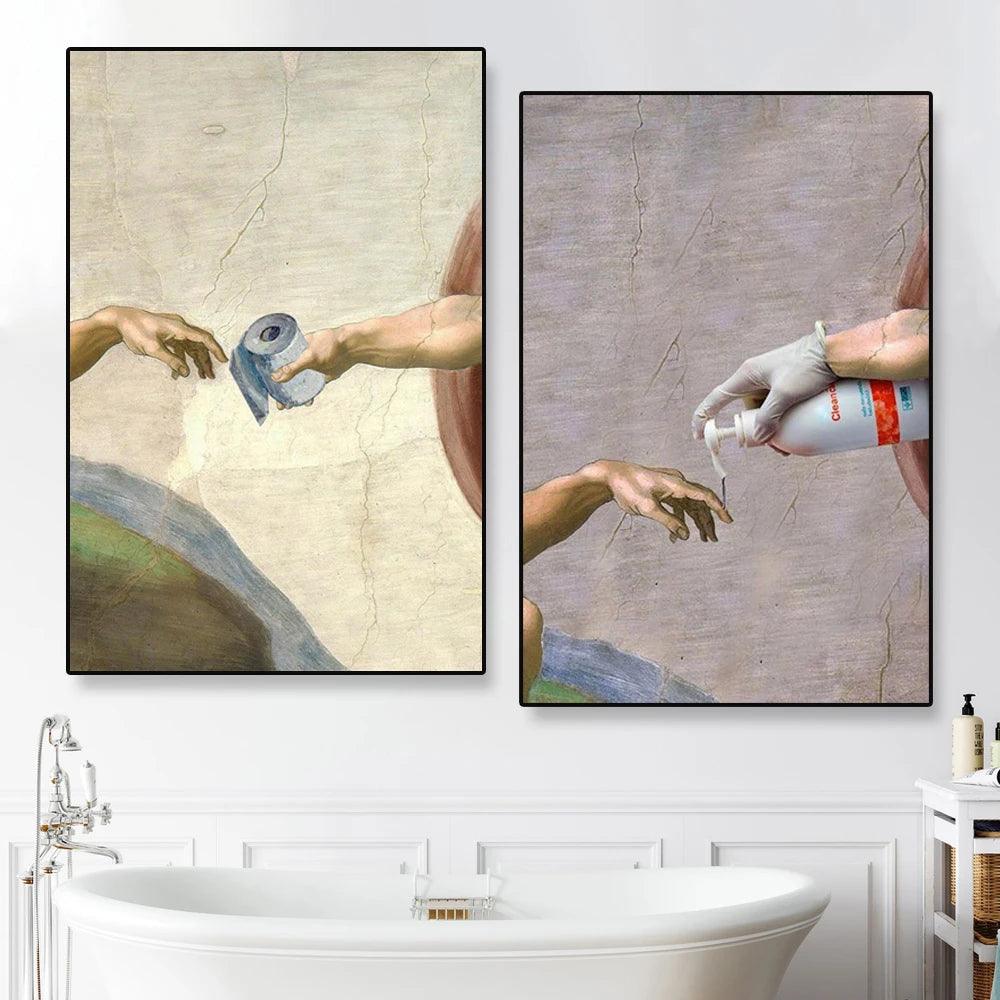 Precious Toilet Paper Funny Hand of God and Adam Mural Poster Prints Canvas Painting Wall Art Decor Wash Room Study Home Decor