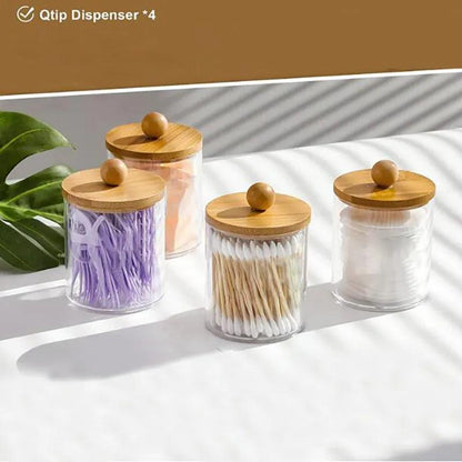 Qtip Holder Dispenser with Bamboo Lid 10 oz Clear Plastic Apothecary Jar Containers for Vanity Makeup Organizer Storage Bathroom