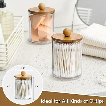 Qtip Holder Dispenser with Bamboo Lid 10 oz Clear Plastic Apothecary Jar Containers for Vanity Makeup Organizer Storage Bathroom