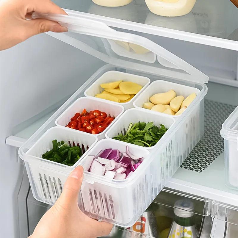 Refrigerator Storage Box 4/6 Grid Food Vegetable Fruit Storage Box Fridge Organizer Drain Basket Meat Onion Ginger Clear Crisper