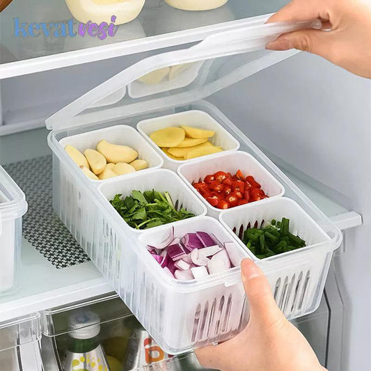 Refrigerator Storage Box 4/6 Grid Food Vegetable Fruit Storage Box Fridge Organizer Drain Basket Meat Onion Ginger Clear Crisper