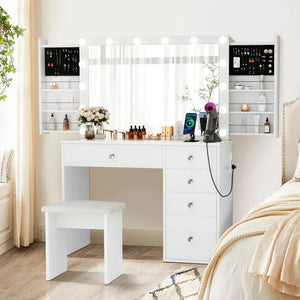 SMOOL Makeup Vanity Desk with Lighted Mirror & Power Outlet 5 Drawers, Table 3 Lighting Modes Brightness Adjustable