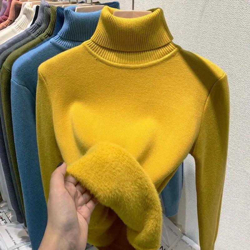 Thicken Velvet Turtleneck Sweater Women Korean Fashion Lined Warm Sueter Knitted Pullover Slim Top Winter Jersey Knitwear Jumper