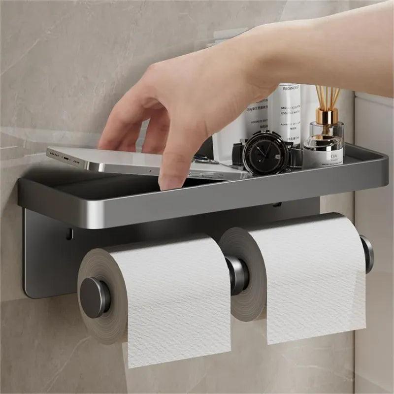 Toilet Paper Holder No Drill Aluminum Alloy Bathroom Wall Mount Wc Paper Phone Holder Shelf Towel Roll Shelf Accessories