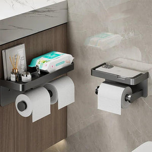 Toilet Paper Holder No Drill Aluminum Alloy Bathroom Wall Mount Wc Paper Phone Holder Shelf Towel Roll Shelf Accessories