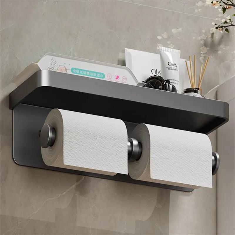 Toilet Paper Holder No Drill Aluminum Alloy Bathroom Wall Mount Wc Paper Phone Holder Shelf Towel Roll Shelf Accessories