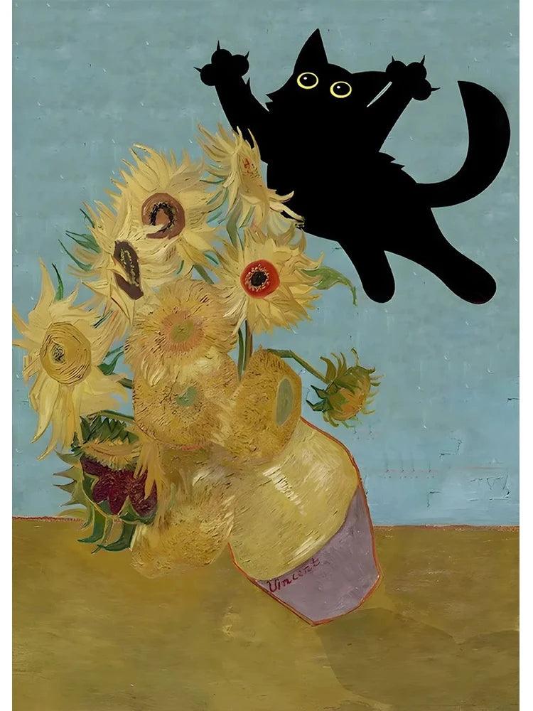 Van Gogh Famous Artworks The Starry Night Black Cat Funny Posters Canvas Painting Masterpiece Reproduction Wall Art Home Decor