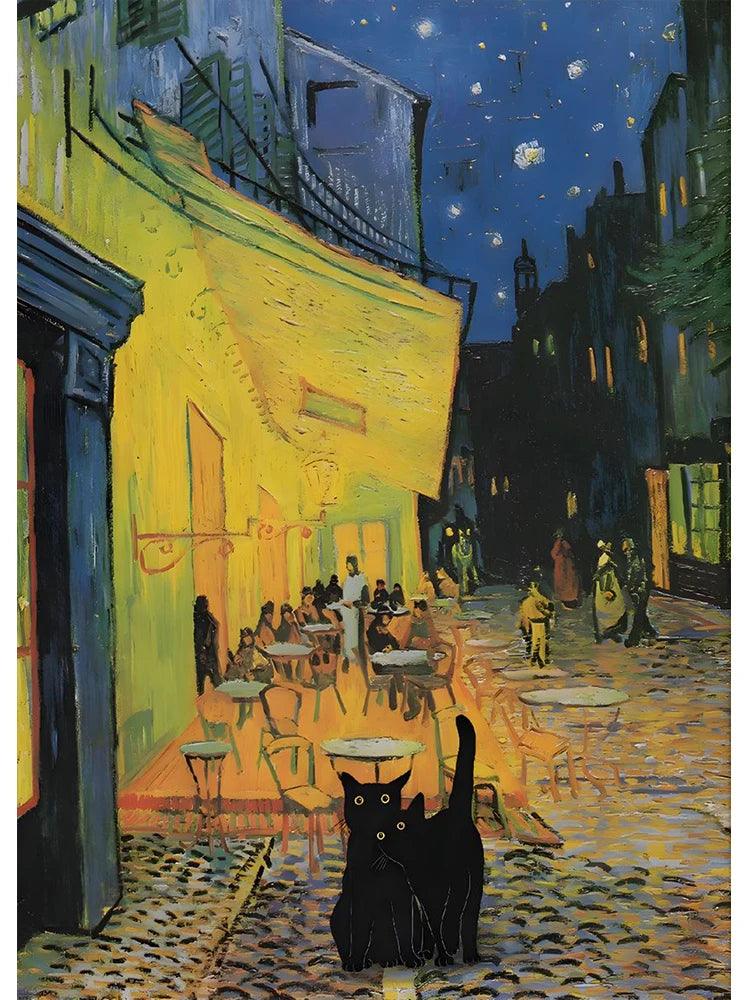 Van Gogh Famous Artworks The Starry Night Black Cat Funny Posters Canvas Painting Masterpiece Reproduction Wall Art Home Decor