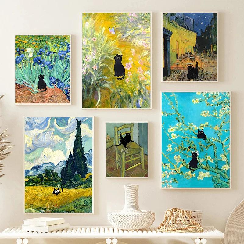 Van Gogh Famous Artworks The Starry Night Black Cat Funny Posters Canvas Painting Masterpiece Reproduction Wall Art Home Decor