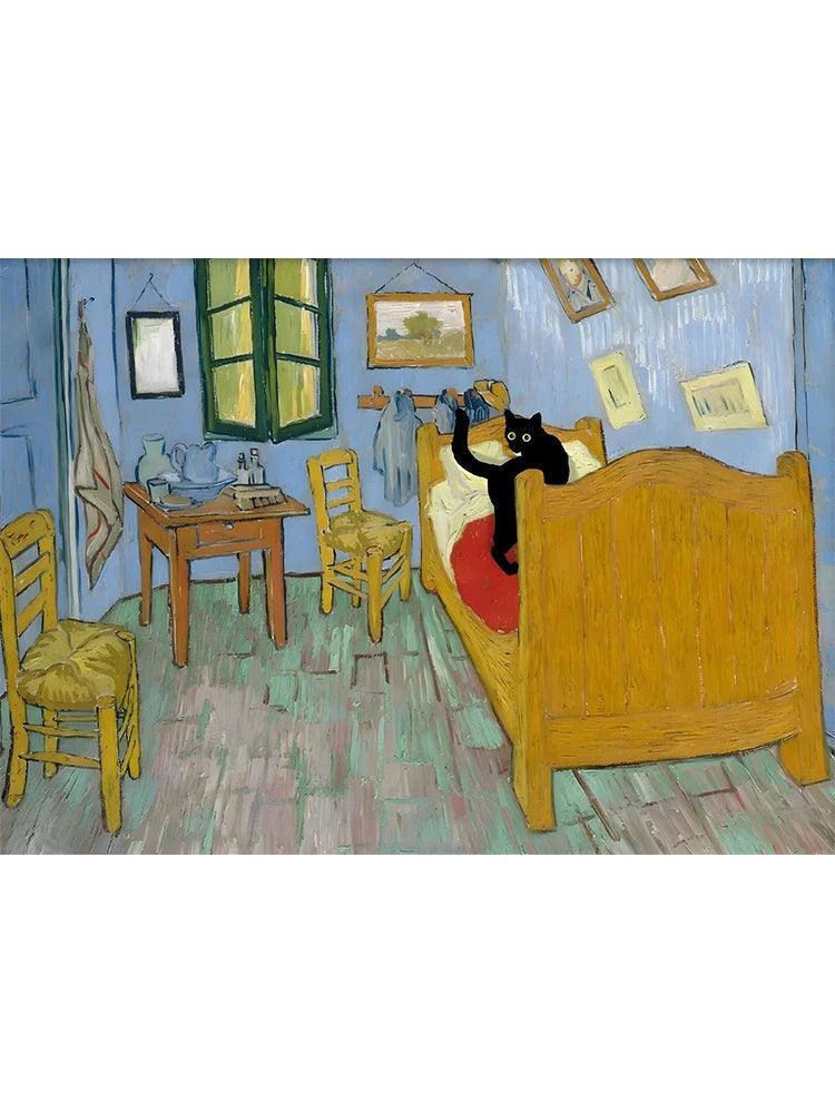 Van Gogh Famous Artworks The Starry Night Black Cat Funny Posters Canvas Painting Masterpiece Reproduction Wall Art Home Decor