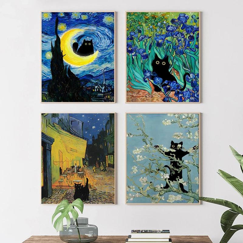 Van Gogh Famous Artworks The Starry Night Black Cat Funny Posters Canvas Painting Masterpiece Reproduction Wall Art Home Decor