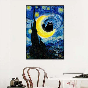 Van Gogh Famous Artworks The Starry Night Black Cat Funny Posters Canvas Painting Masterpiece Reproduction Wall Art Home Decor