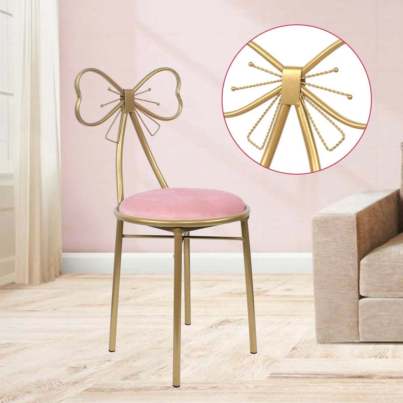 Vanity Chair Pink Velvet Cushion Gold Butterfly Makeup Leisure Chair Living Room Makeup Stool Chair Seat W/ Golden Metal Legs