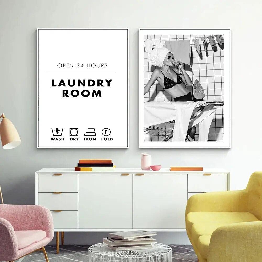 Wash Day Poster Fashion Dry Cleaner Magazine Canvas Painting Art Print Black White Photography Wall Picture Laundry Room Decor