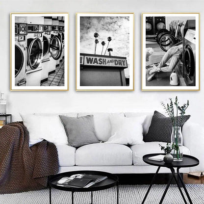 Wash Day Poster Fashion Dry Cleaner Magazine Canvas Painting Art Print Black White Photography Wall Picture Laundry Room Decor