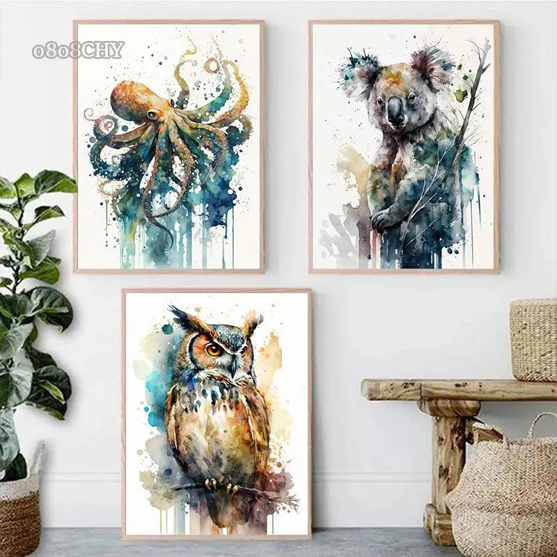 Watercolor Wildlife Canva Oil Painting Print Poster Abstract Sloth Octopus Flamingo Bird French Bulldog Dog Poster Home Wall Art