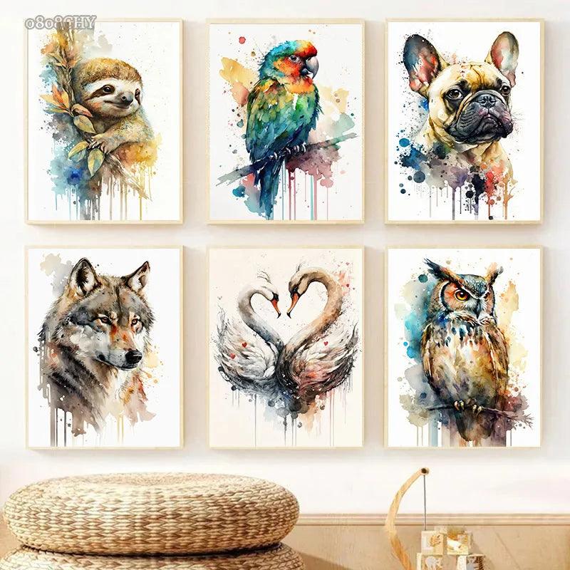 Watercolor Wildlife Canva Oil Painting Print Poster Abstract Sloth Octopus Flamingo Bird French Bulldog Dog Poster Home Wall Art