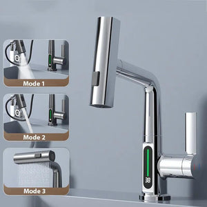 Waterfall Temperature Digital Display Basin Faucet Lift Up Down Stream Sprayer Hot Cold Water Sink Mixer Wash Tap For Bathroom